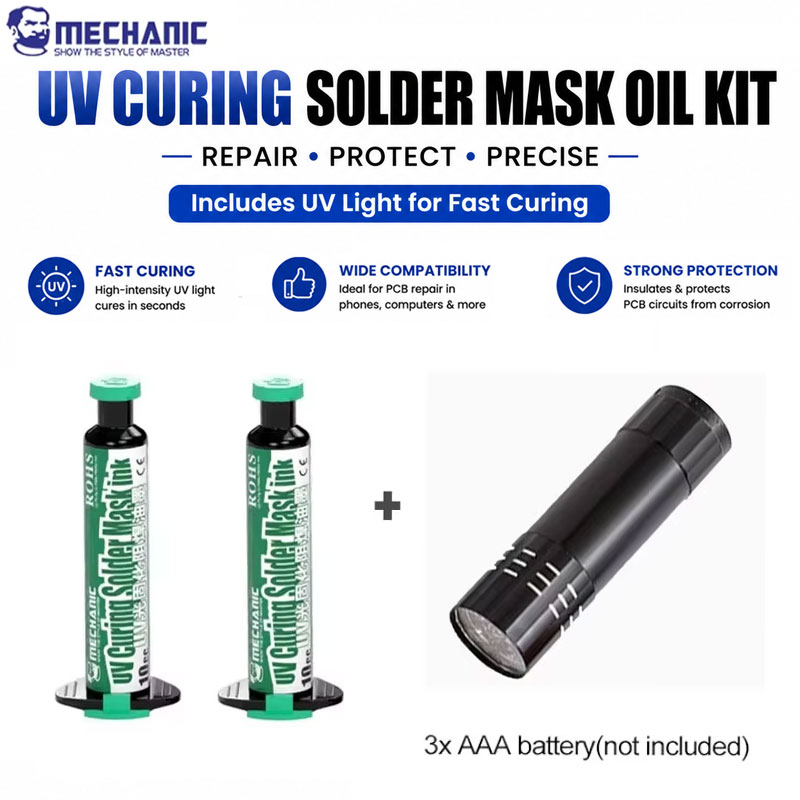 Uv Whitening Kit - ชุดน้ำมันเคลือบป้องกันการบัดกรีสีเขียว MECHANIC UV พร้อมไฟบ่ม UV แห้งเร็ว
