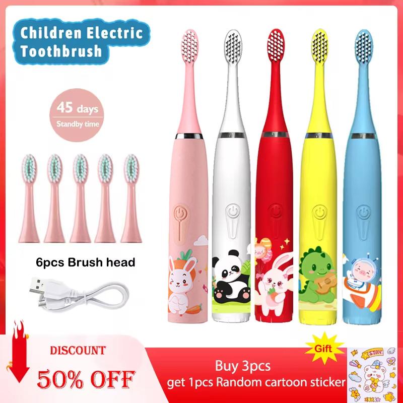 Teeth Whitening Toothbrush - แปรงสีฟันไฟฟ้าโซนิค IPX7 กันน้ําพร้อมหัวเปลี่ยนอัตโนมัติชาร์จเด็กสีสันสดใสแปรงการ์ตูนสําหรับเด็ก