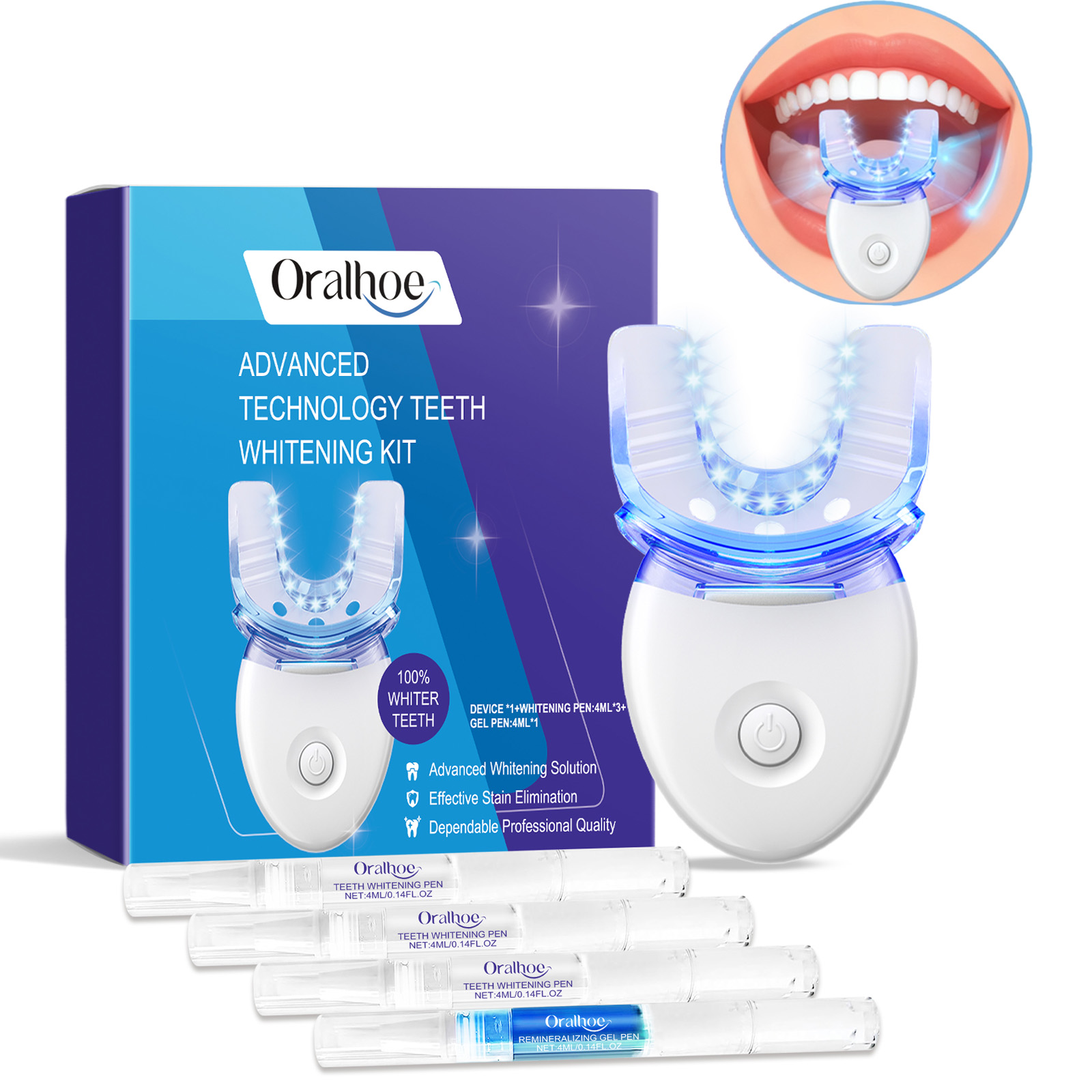 Teeth Whitening With Peroxide - ชุดอุปกรณ์ฟอกสีฟันแบบมืออาชีพด้วยแสง LED พร้อมเจลฟอกสีฟัน 4 เท่า ระบบเร่งการฟอกสีฟันด้วยแสงสีฟ้า
